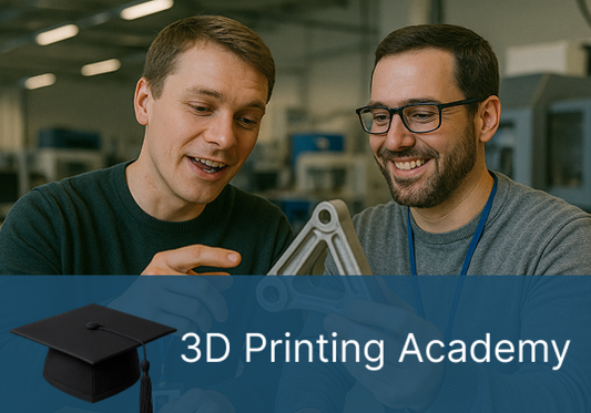 Two men in a workshop setting with text '3D Printing Academy'.