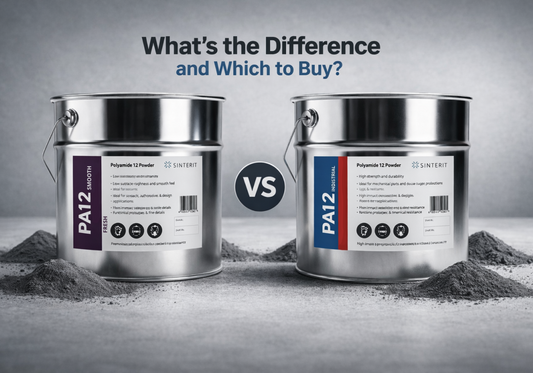 Two Sinterit powder containers, PA12 Smooth and PA12 Industrial, shown side by side with a “VS” graphic.