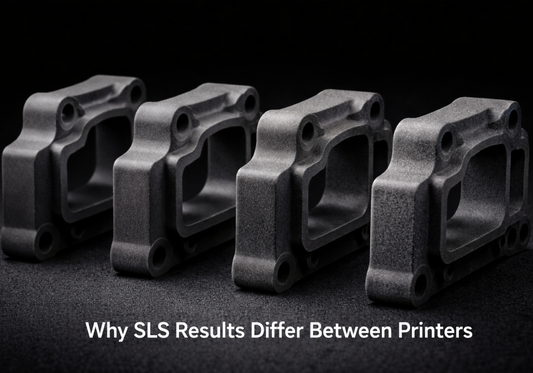 Dark grey SLS 3D printed parts with subtle differences in surface finish
