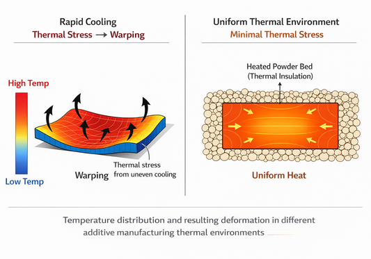 Diagram showing how temperature distribution in SLS affects warping: rapid cooling causes thermal stress and deformation, while a heated powder bed creates a uniform thermal environment that minimizes thermal distortion.